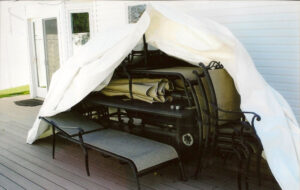 Outdoor furniture covered before shrink wrapping.