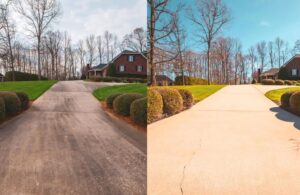 before & after comparison of a driveway power washing