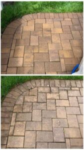 Before & after power washing image of patio bricks